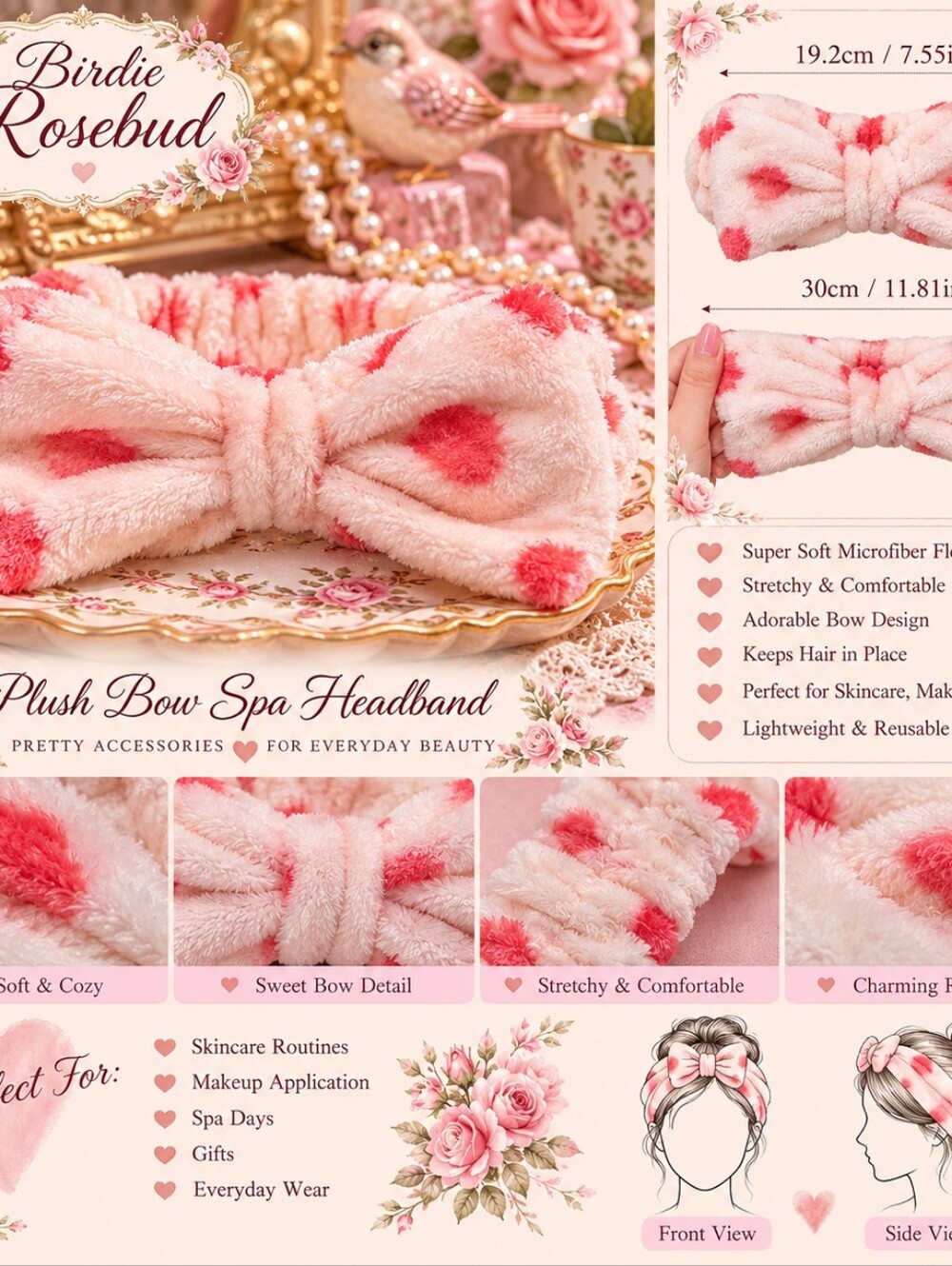 Pink Polka Dot Plush Bow Spa Headband | Soft Stretch Makeup & Skincare Hairba